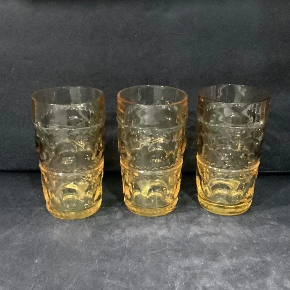 Colony Glass Crown Pattern Tumblers, Set‎ of 3, Honey Gold Glasses, Drinkware